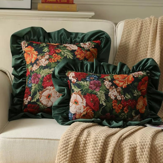 Velvet Ruffle Floral Cushion Cover
