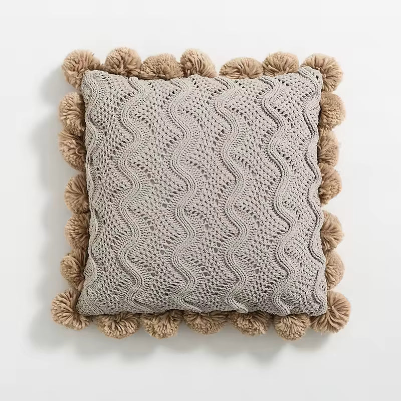 Knitted Pompom Embellished Cushion Cover