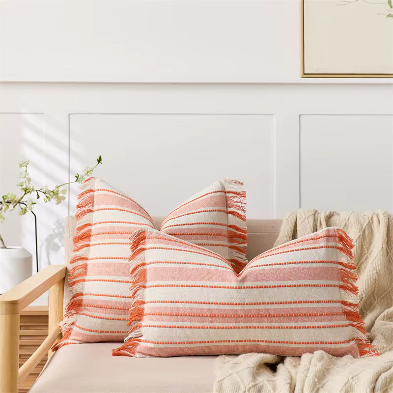 Embroidered Stripe Fringed Cushion Cover