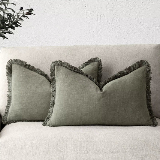 Linen Effect Fringed Cushion Cover (Set of 2)