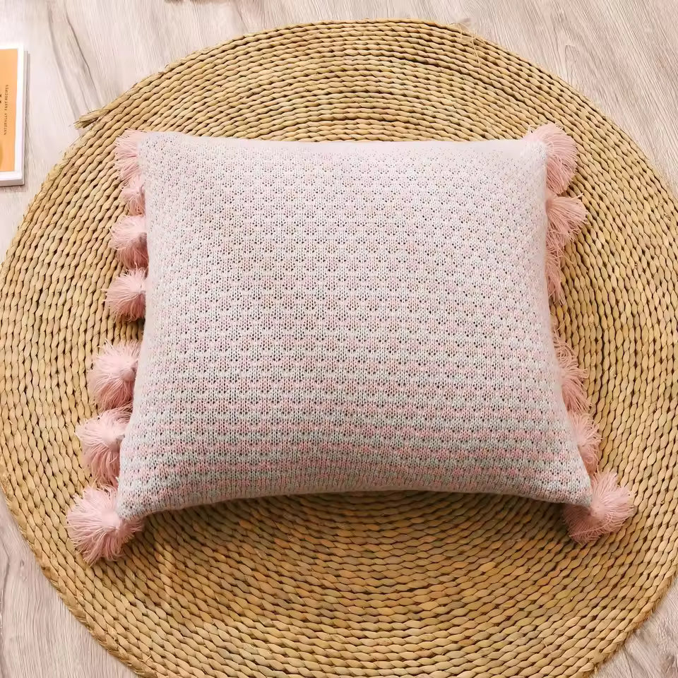 Knitted Tassel Embellished Cushion Cover