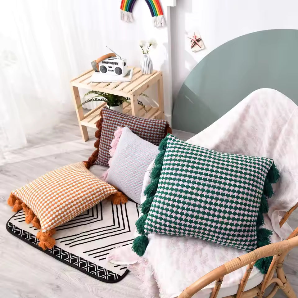 Knitted Tassel Embellished Cushion Cover