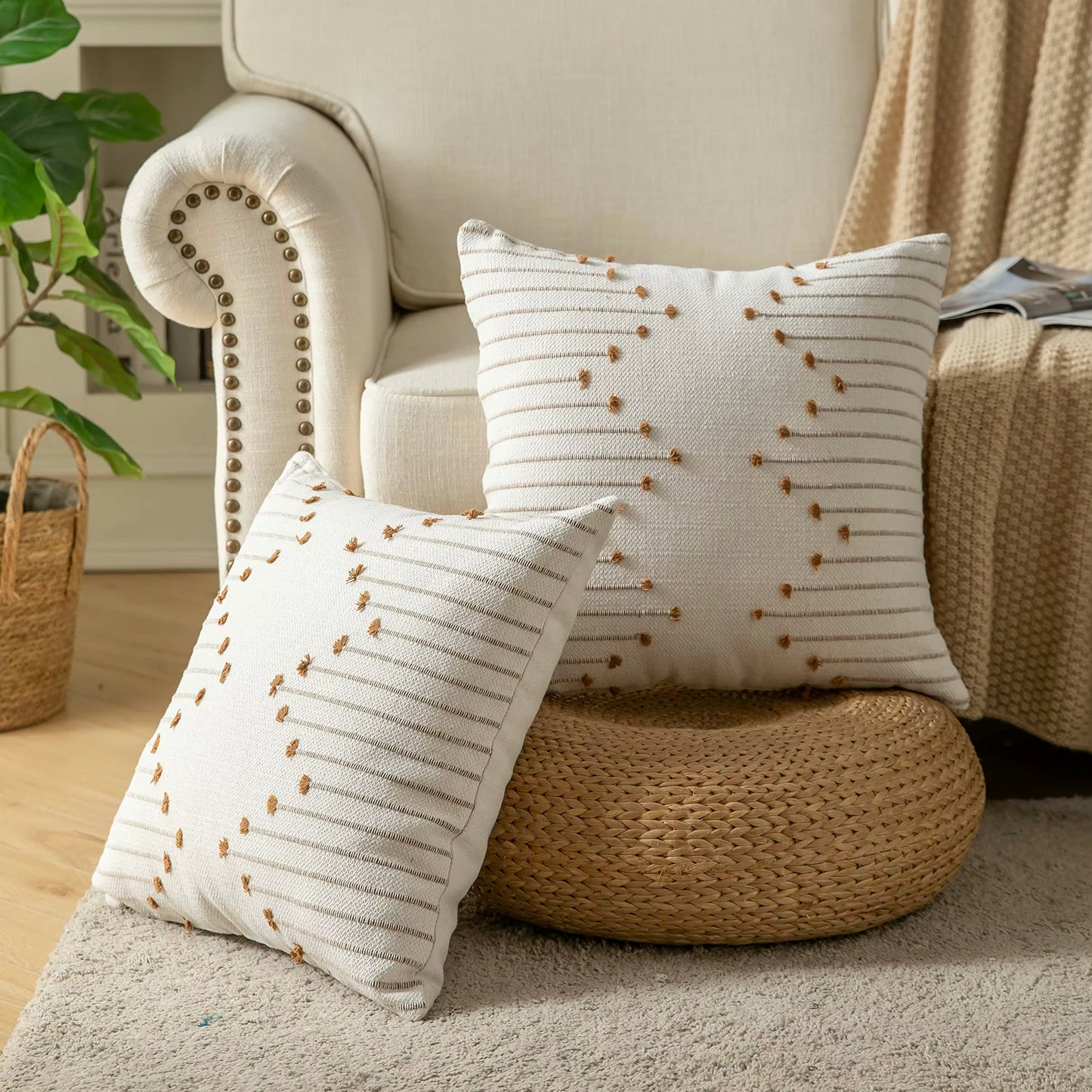 Embroidered Stripe Cotton Cushion Cover (Set of 2)