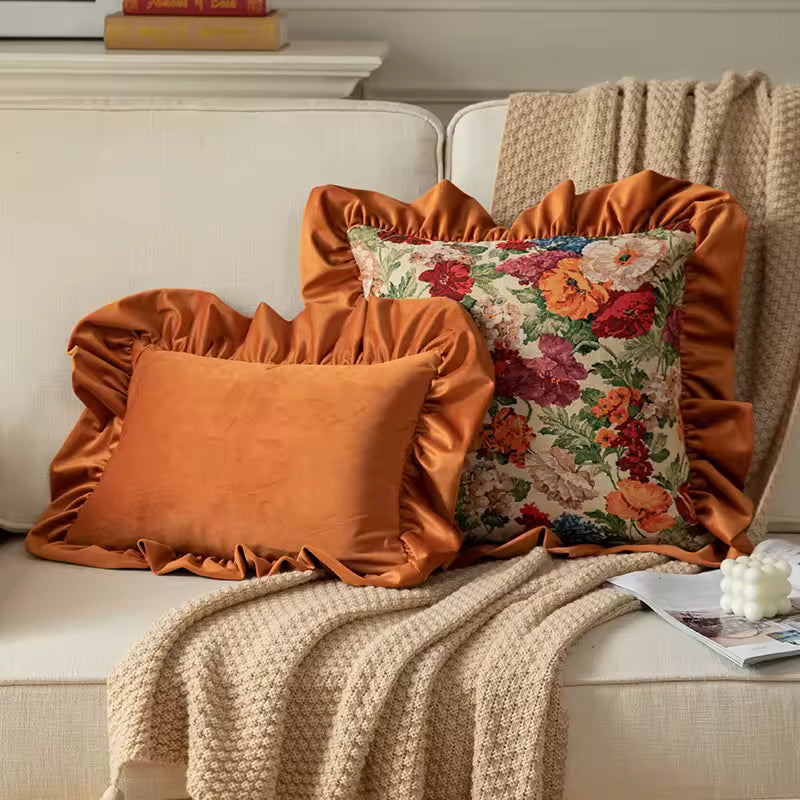 Velvet Ruffle Floral Cushion Cover