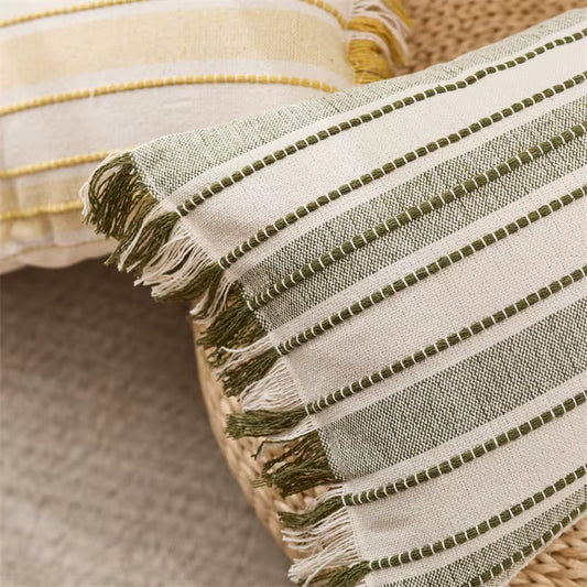 Embroidered Stripe Fringed Cushion Cover