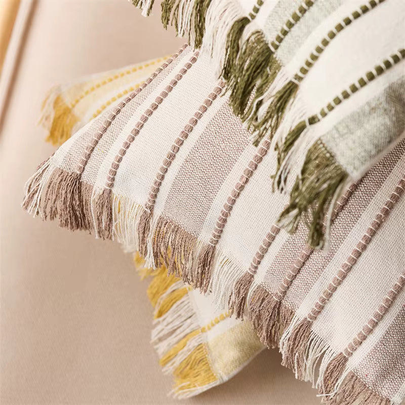 Embroidered Stripe Fringed Cushion Cover