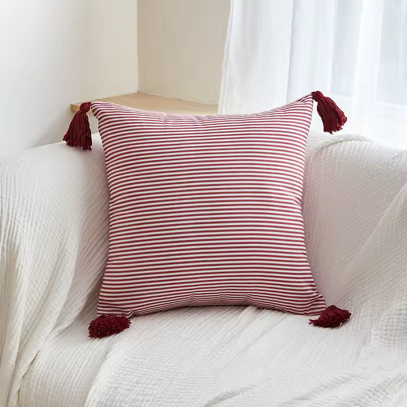 Red & Ivory Small Stripe Tassel Cushion Cover
