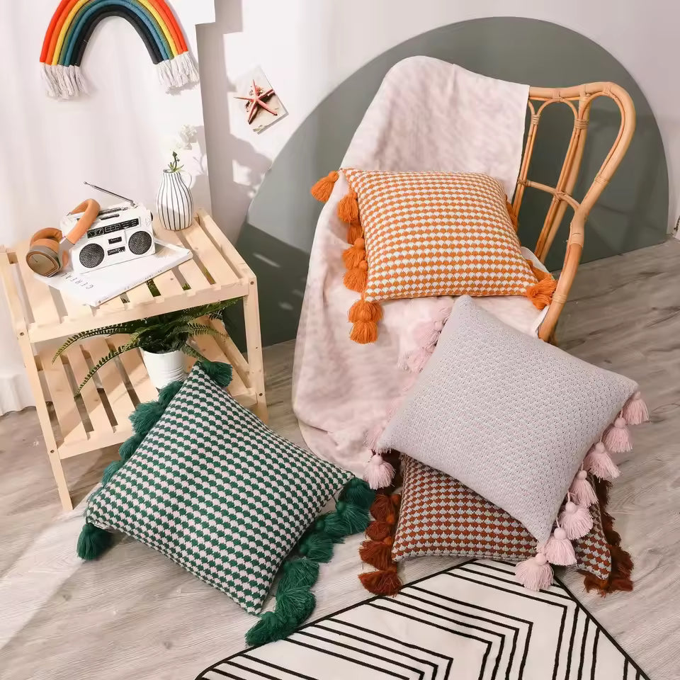 Knitted Tassel Embellished Cushion Cover