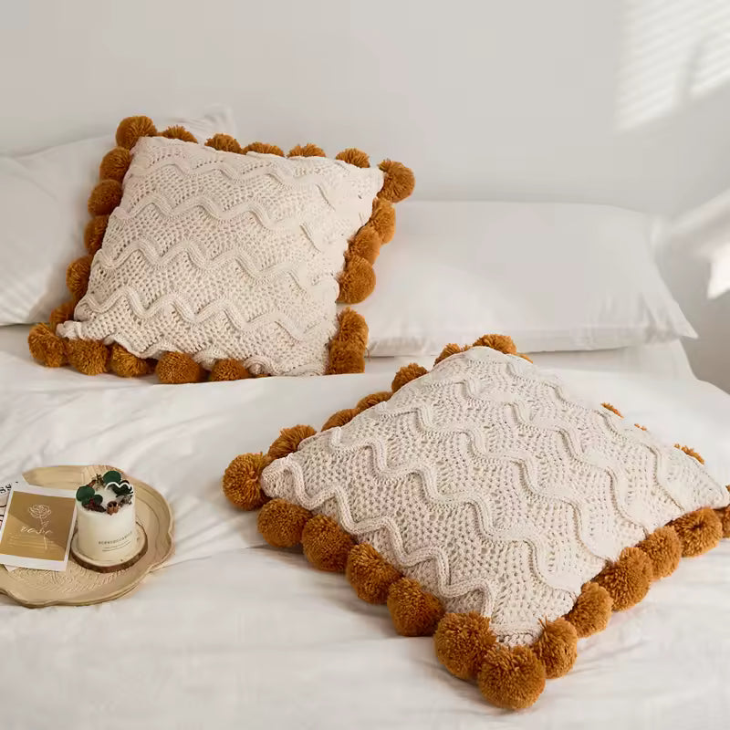 Knitted Pompom Embellished Cushion Cover