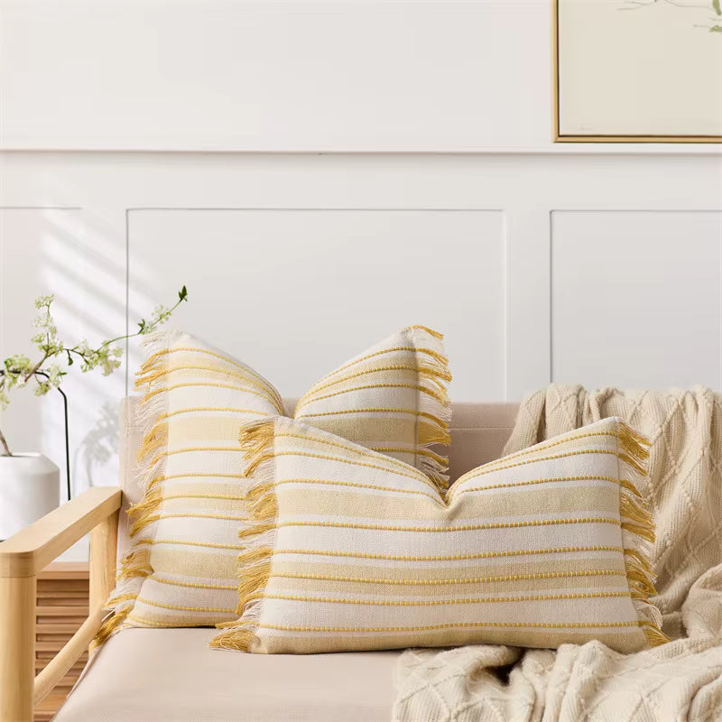 Embroidered Stripe Fringed Cushion Cover