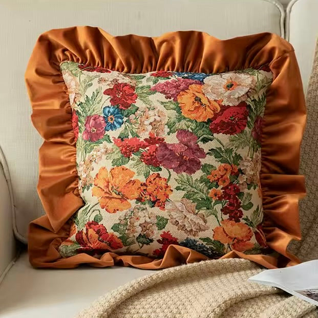 Velvet Ruffle Floral Cushion Cover