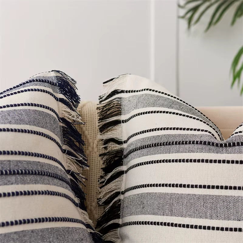 Embroidered Stripe Fringed Cushion Cover