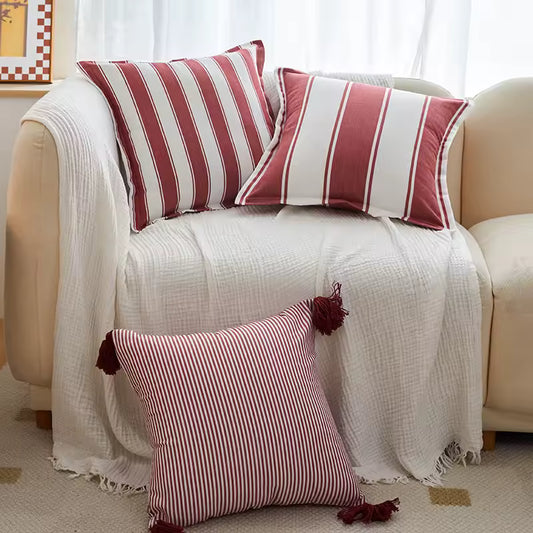 Red & Ivory Small Stripe Tassel Cushion Cover