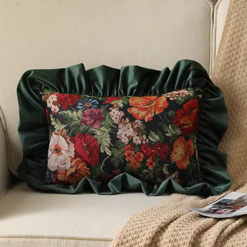 Velvet Ruffle Floral Cushion Cover