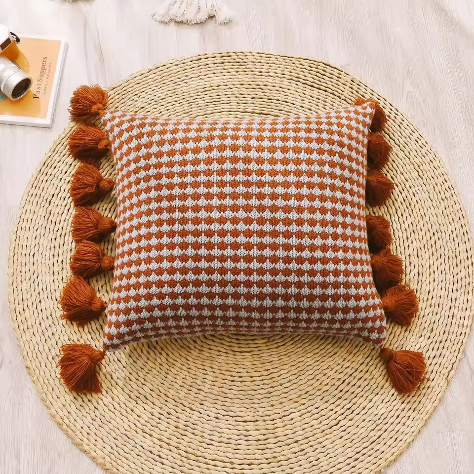 Knitted Tassel Embellished Cushion Cover