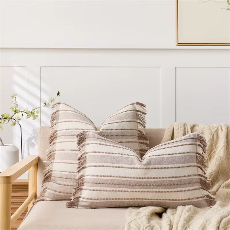 Embroidered Stripe Fringed Cushion Cover