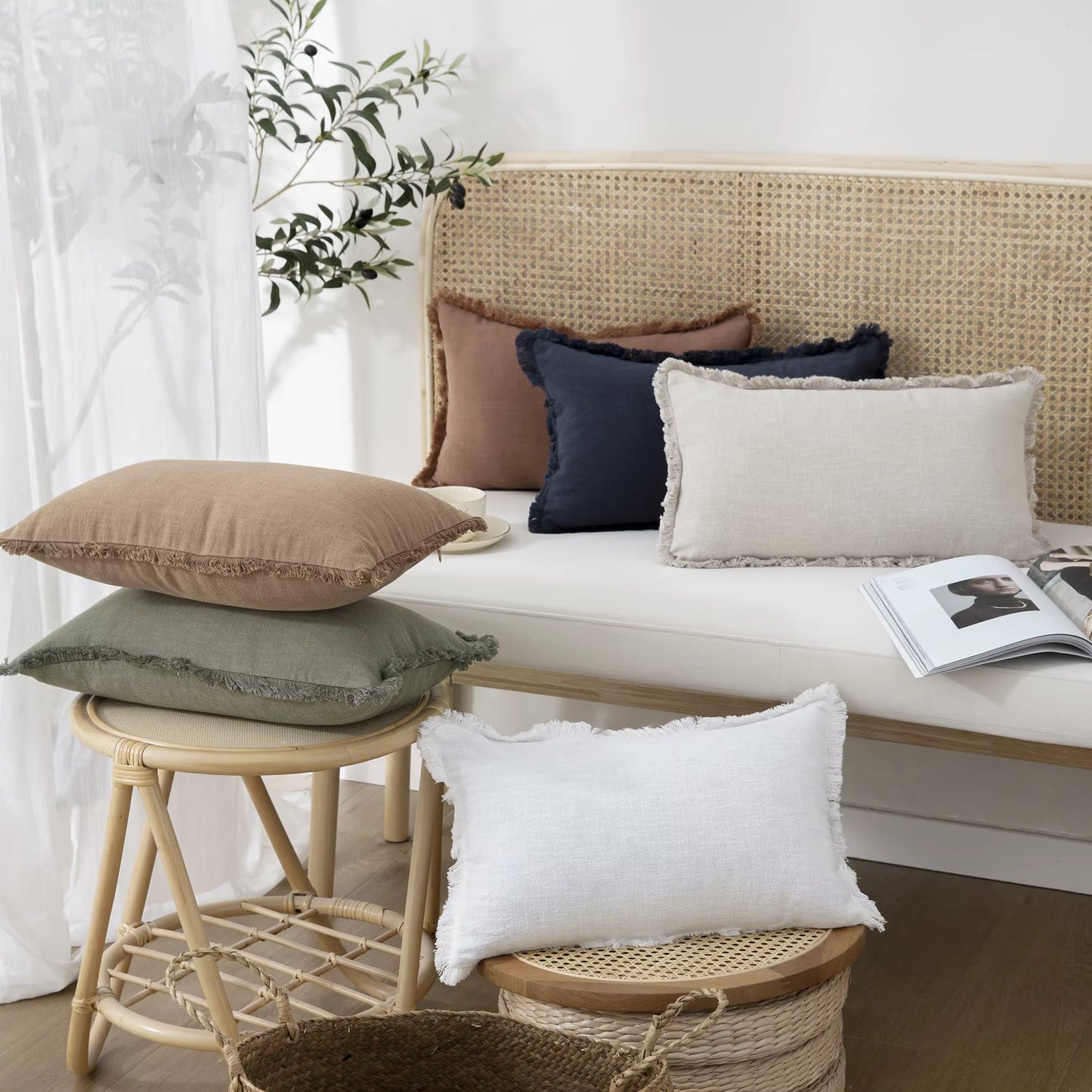 Linen Effect Fringed Cushion Cover (Set of 2)