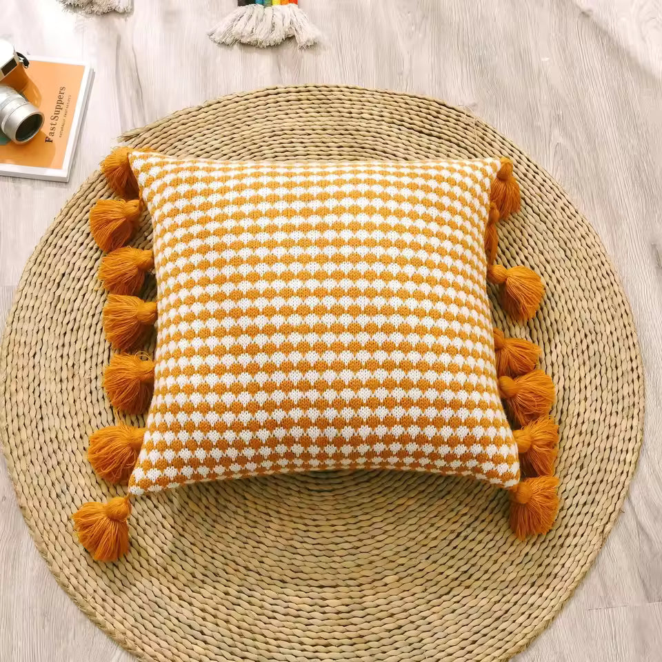 Knitted Tassel Embellished Cushion Cover