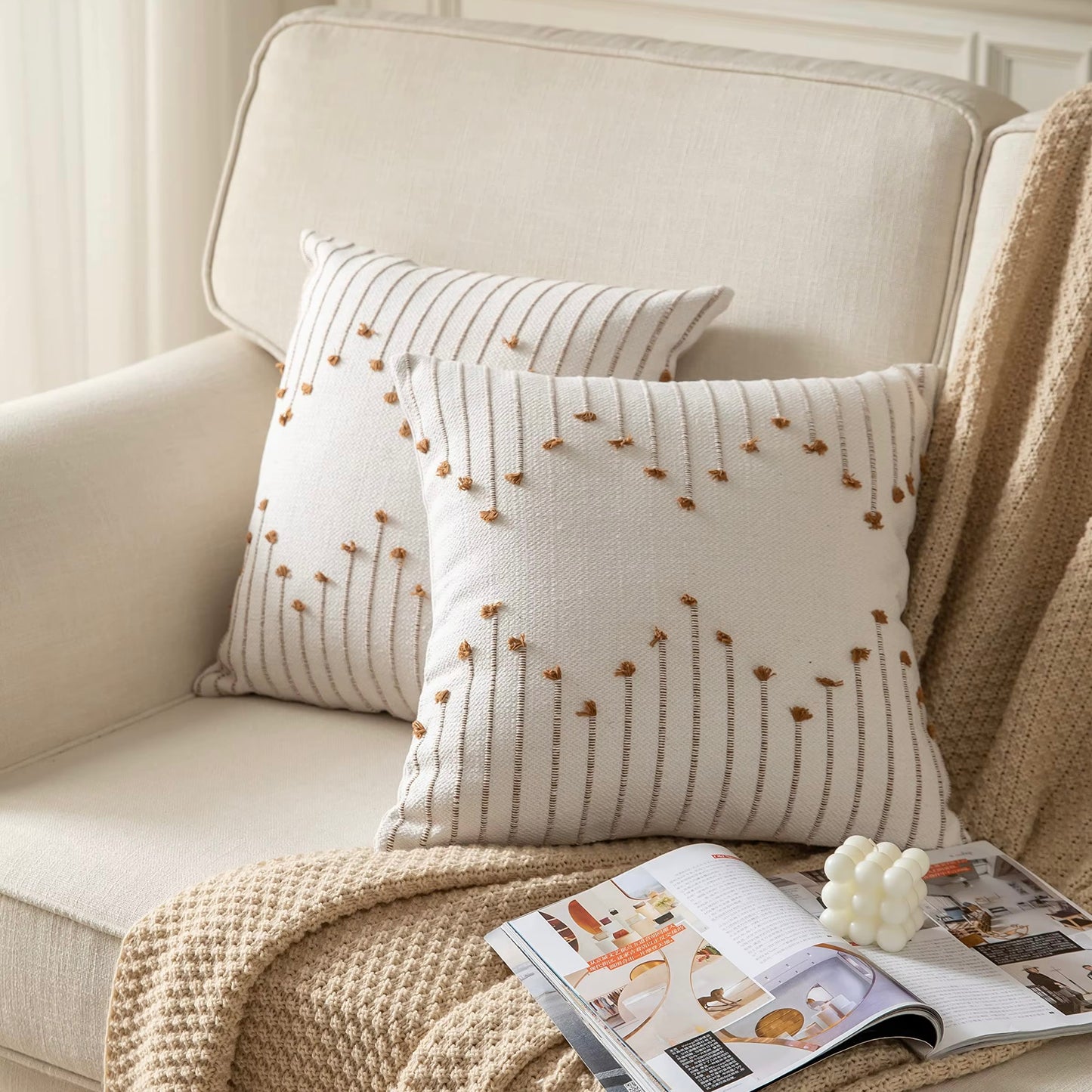 Embroidered Stripe Cotton Cushion Cover (Set of 2)