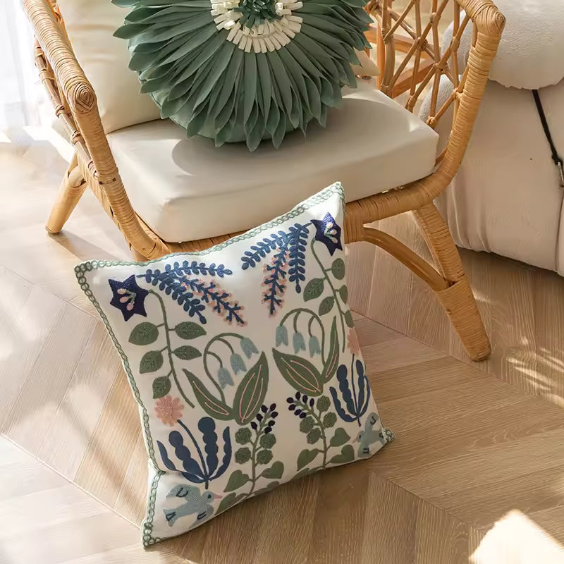 Embroidered Floral Cotton Cushion Cover