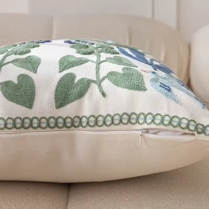Embroidered Floral Cotton Cushion Cover