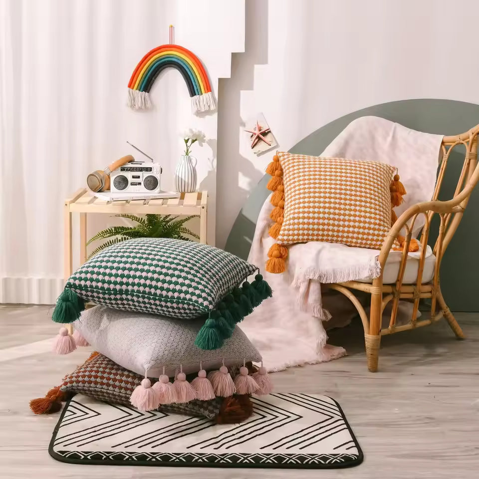 Knitted Tassel Embellished Cushion Cover