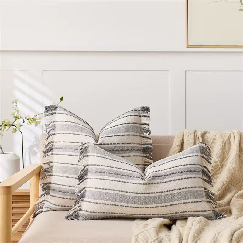 Embroidered Stripe Fringed Cushion Cover