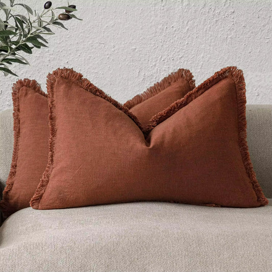 Linen Effect Fringed Cushion Cover (Set of 2)