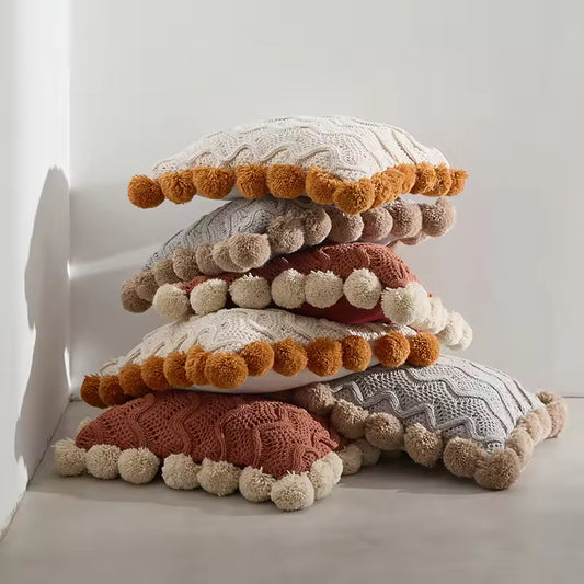 Knitted Pompom Embellished Cushion Cover