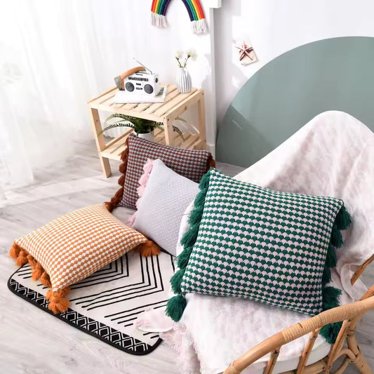 Knitted Tassel Embellished Cushion Cover