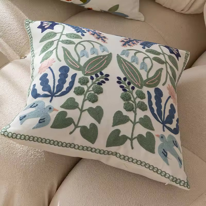 Embroidered Floral Cotton Cushion Cover