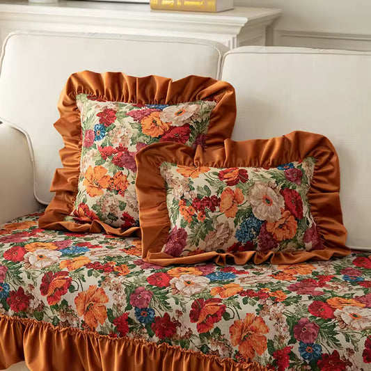 Velvet Ruffle Floral Cushion Cover