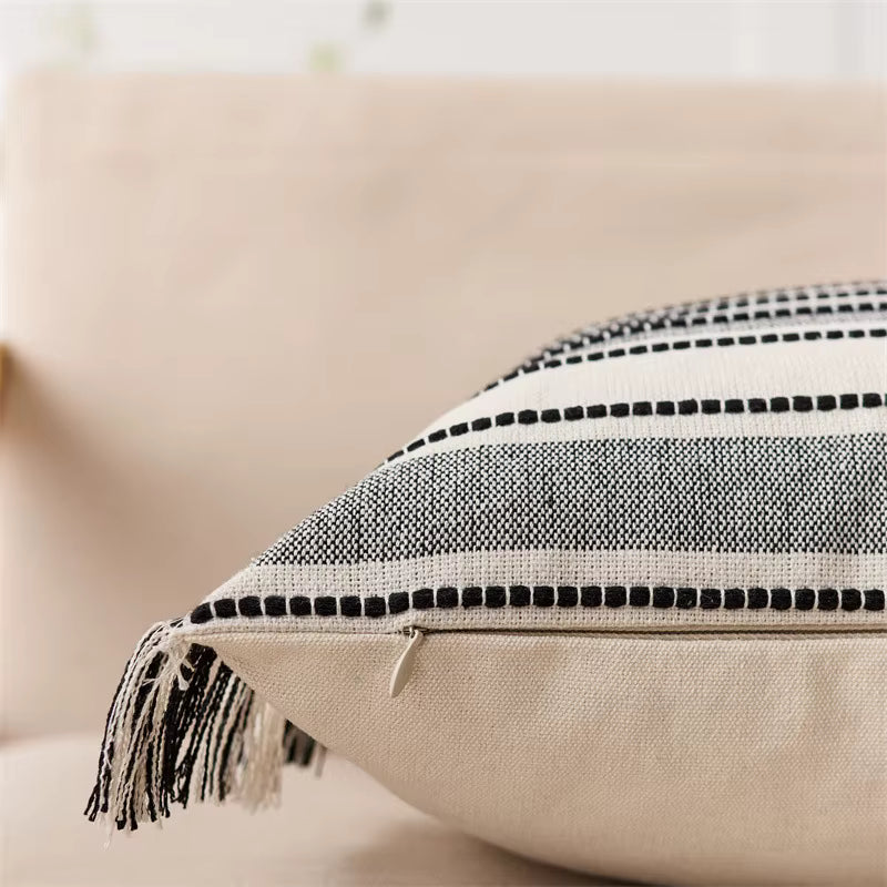 Embroidered Stripe Fringed Cushion Cover