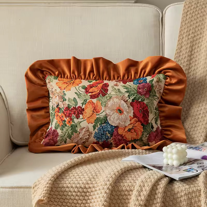 Velvet Ruffle Floral Cushion Cover