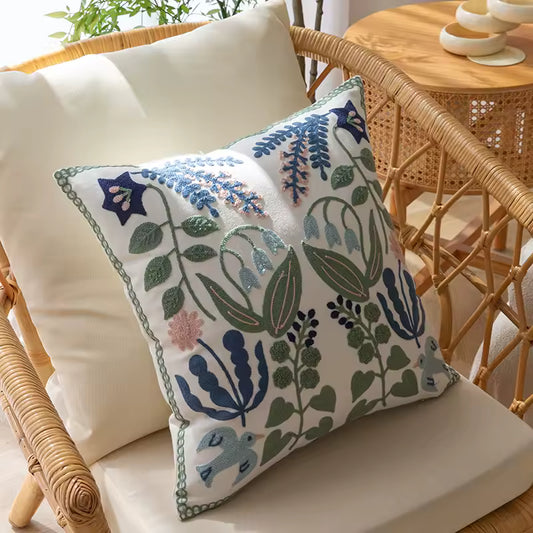 Embroidered Floral Cotton Cushion Cover