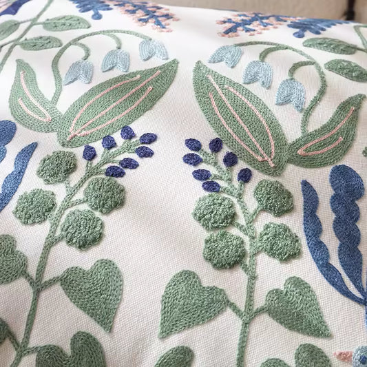 Embroidered Floral Cotton Cushion Cover