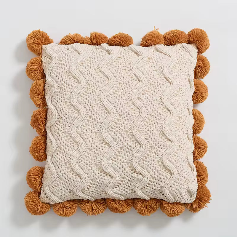 Knitted Pompom Embellished Cushion Cover
