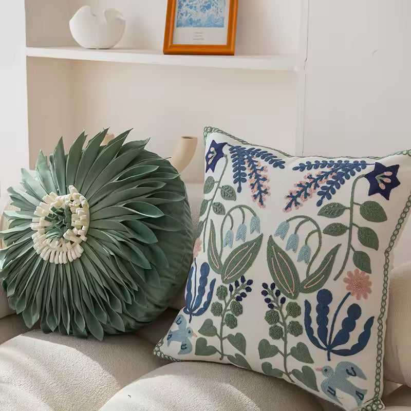 Embroidered Floral Cotton Cushion Cover