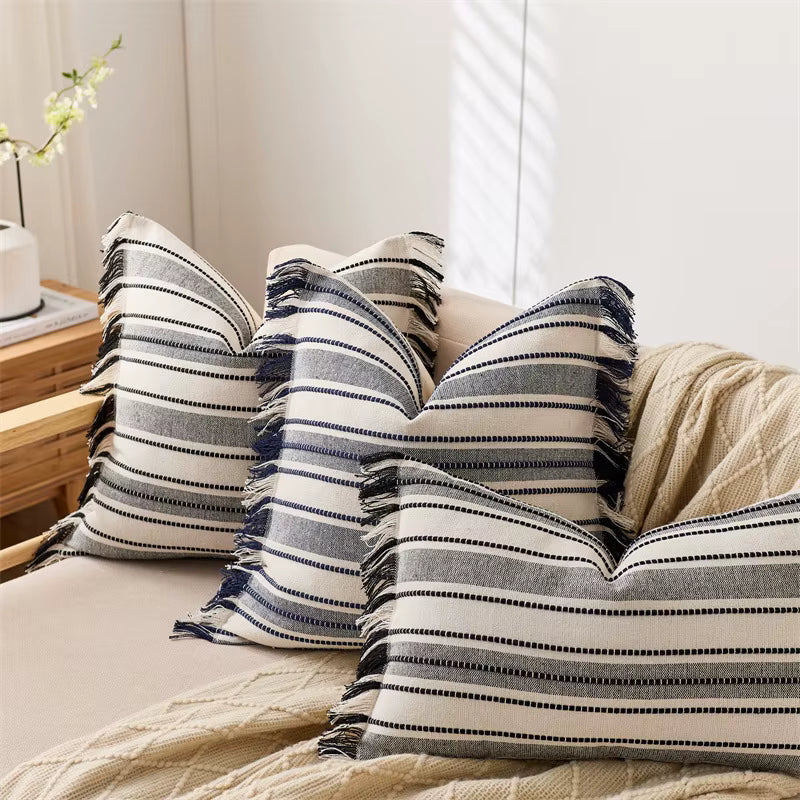 Embroidered Stripe Fringed Cushion Cover
