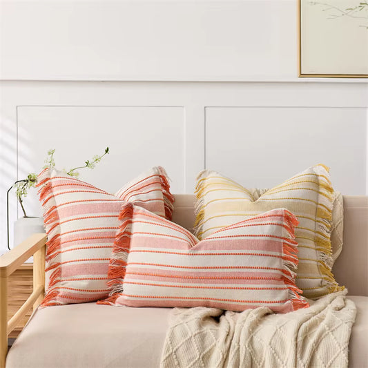 Embroidered Stripe Fringed Cushion Cover