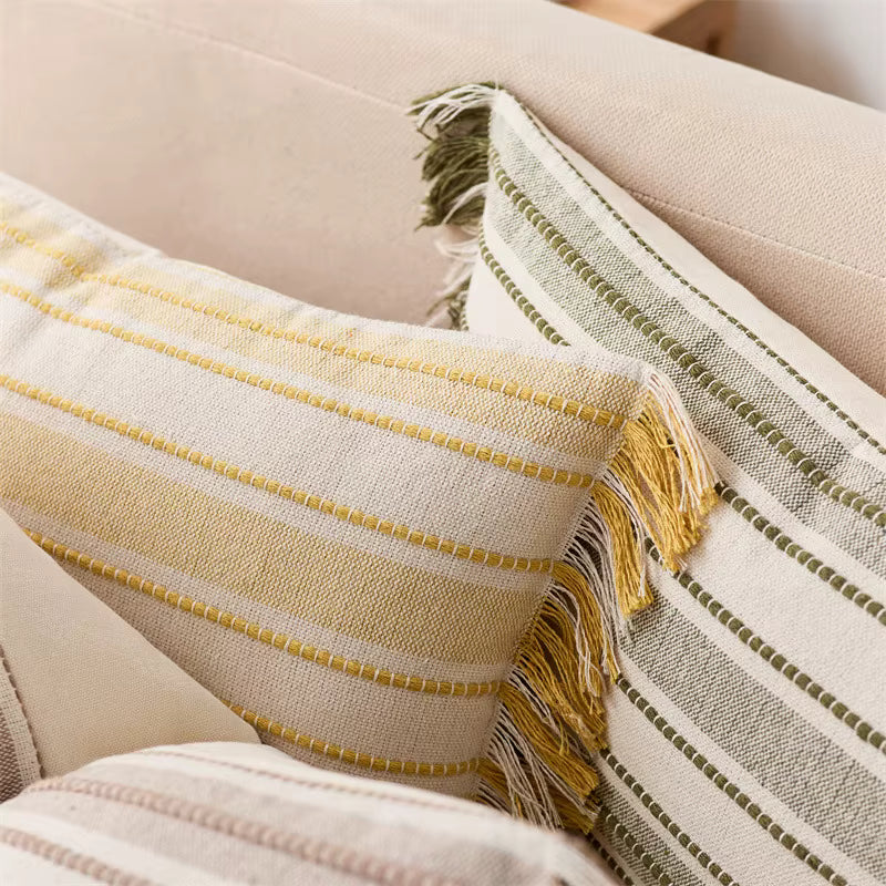 Embroidered Stripe Fringed Cushion Cover