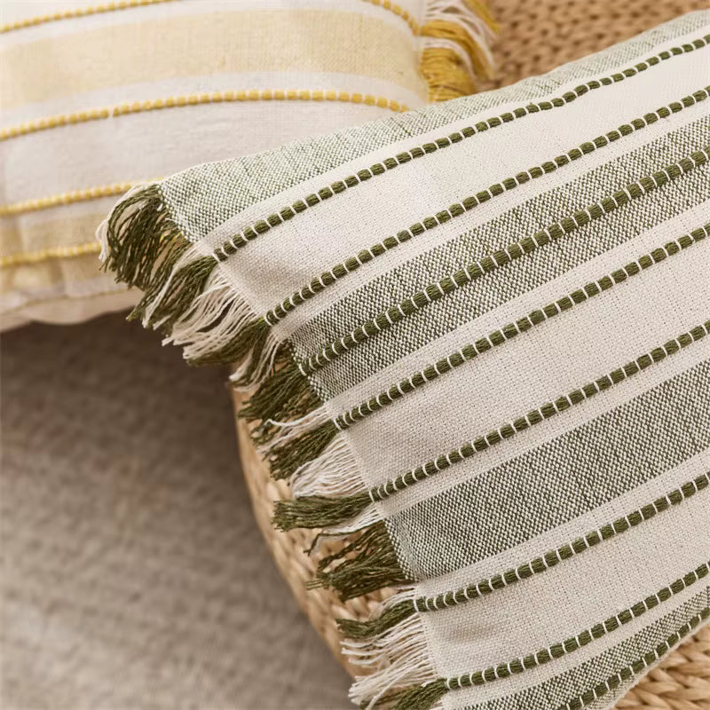 Embroidered Stripe Fringed Cushion Cover