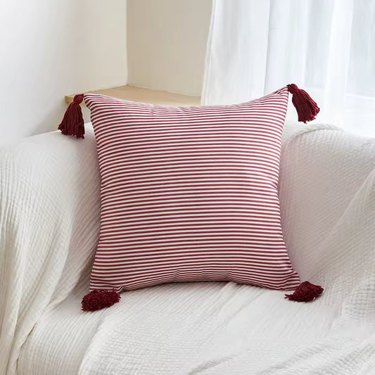 Red & Ivory Small Stripe Tassel Cushion Cover