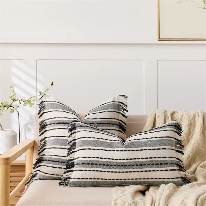 Embroidered Stripe Fringed Cushion Cover