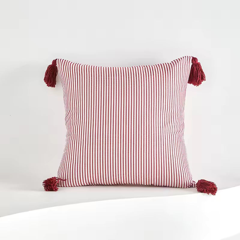 Red & Ivory Small Stripe Tassel Cushion Cover
