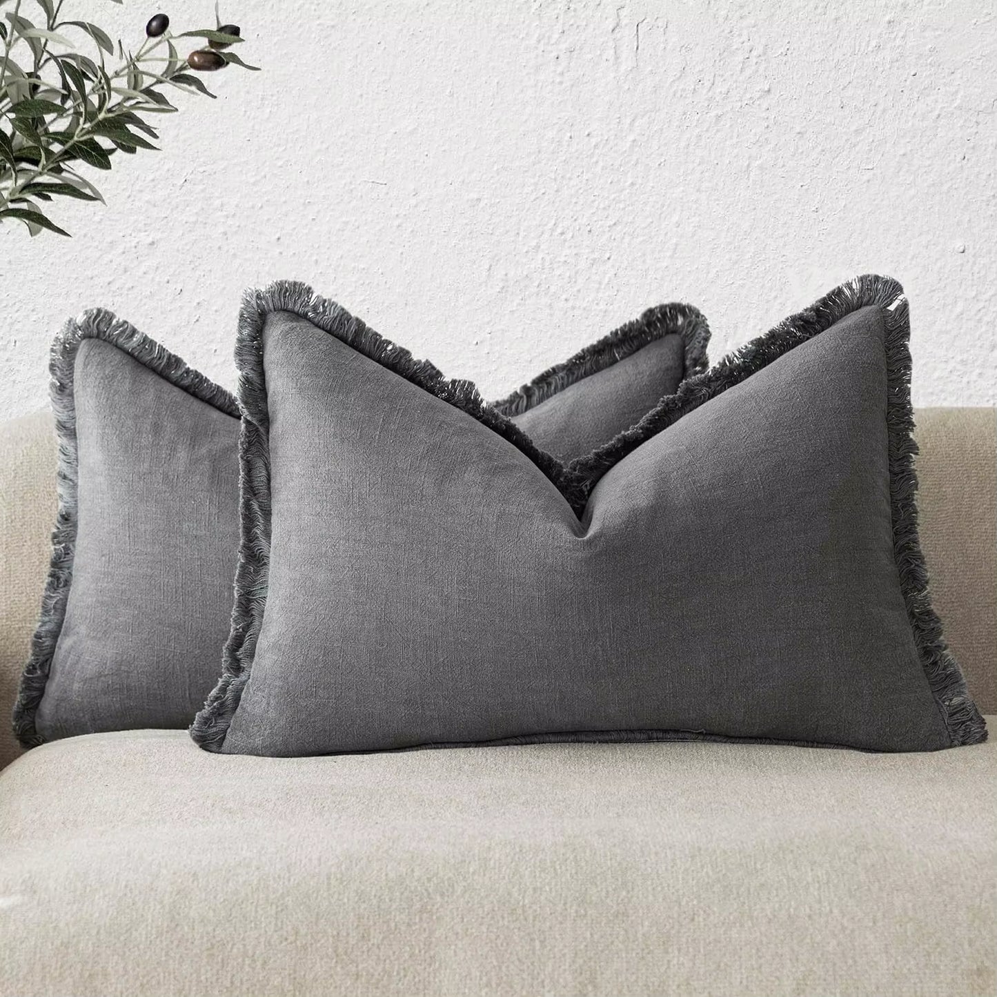 Linen Effect Fringed Cushion Cover (Set of 2)