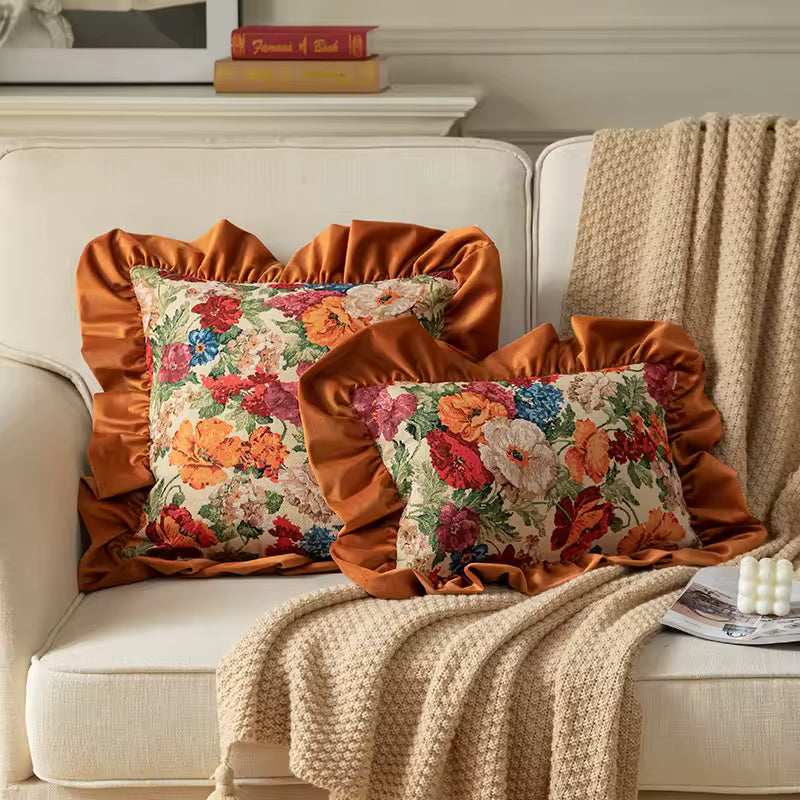 Velvet Ruffle Floral Cushion Cover