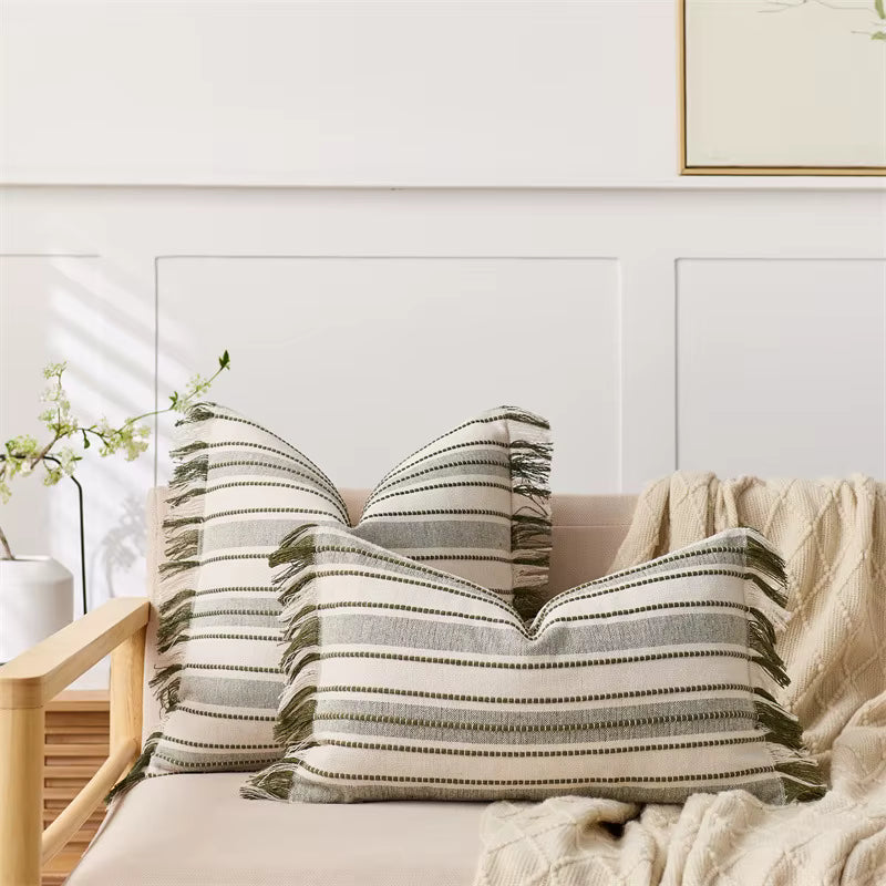 Embroidered Stripe Fringed Cushion Cover