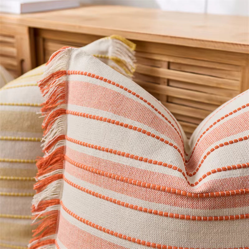 Embroidered Stripe Fringed Cushion Cover