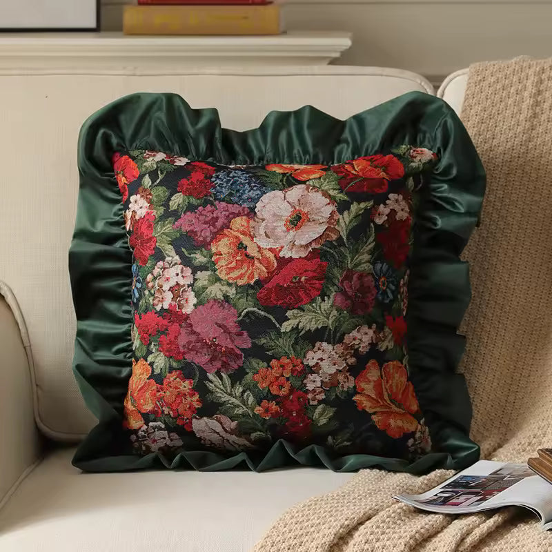 Velvet Ruffle Floral Cushion Cover
